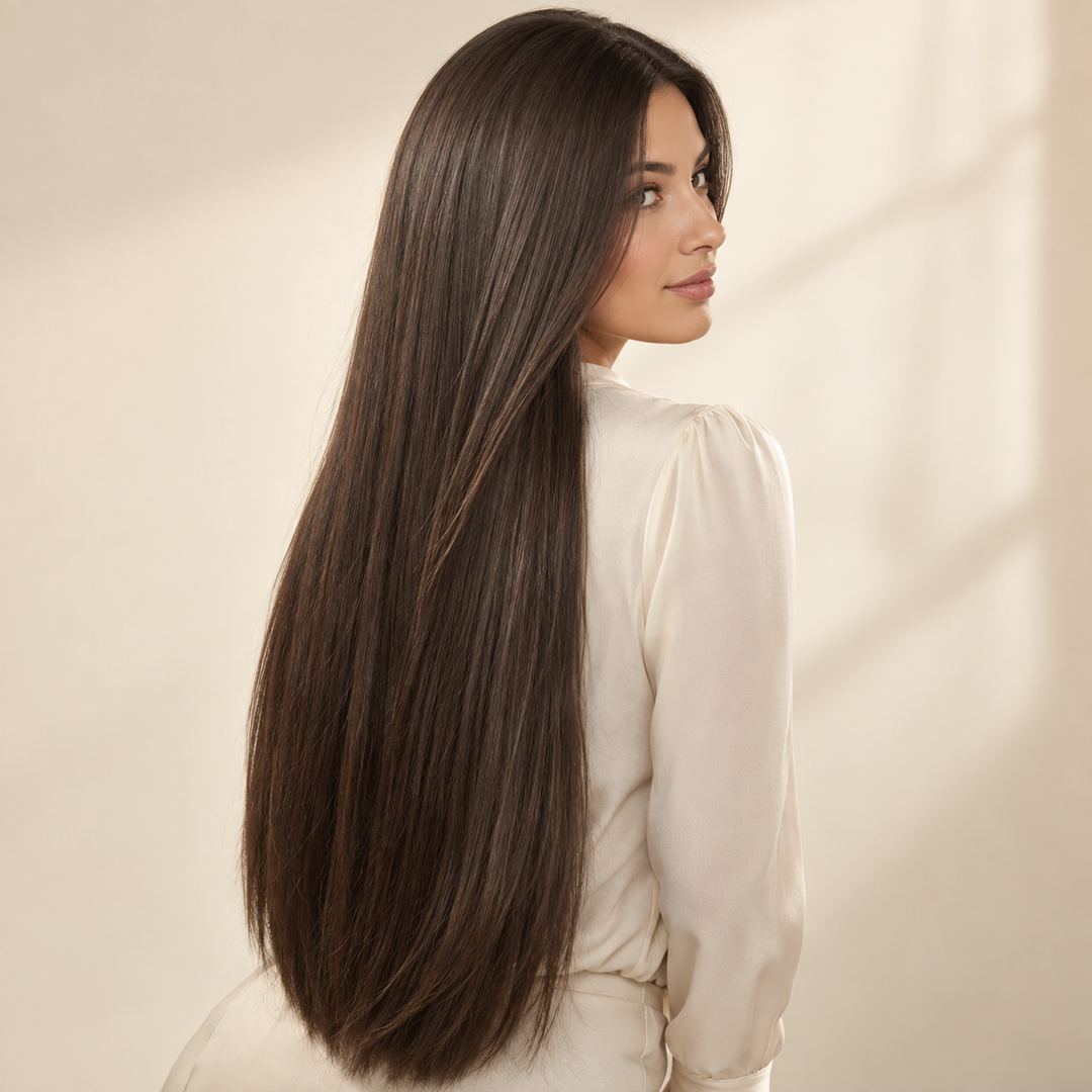 Long straight brunette hairstyle, rear three-quarter view — AI-generated styling illustration