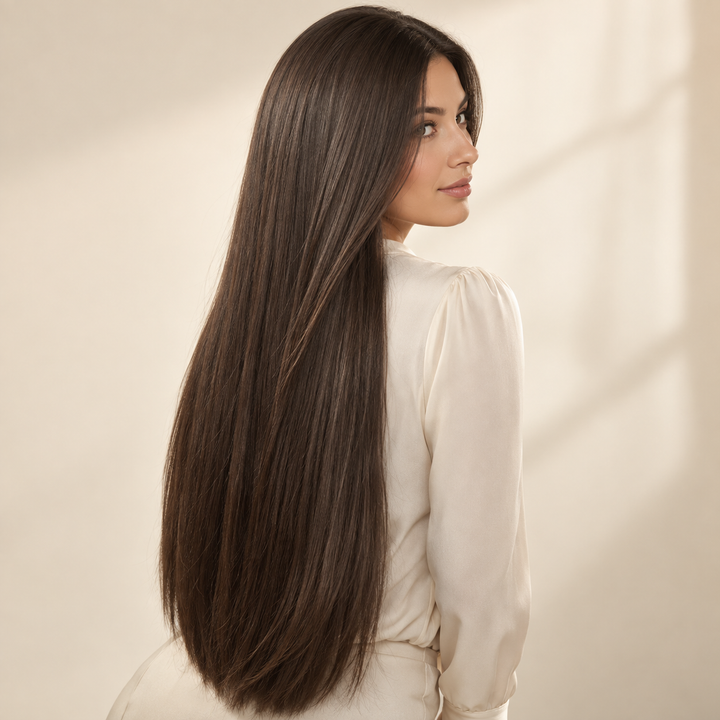Long straight brunette hairstyle, rear three-quarter view — AI-generated styling illustration