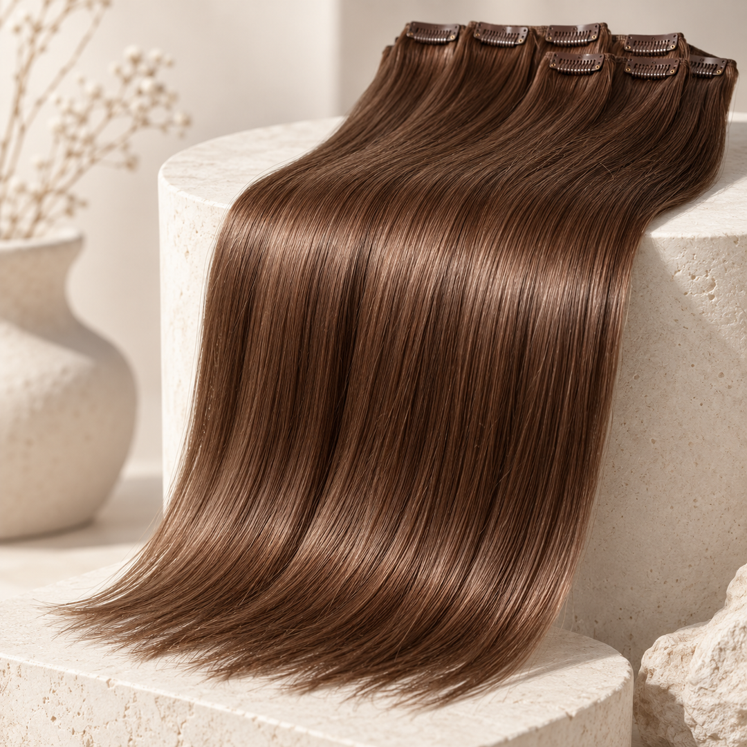 Straight chestnut brown hair extensions draped over ivory pedestal — AI-generated styling illustration