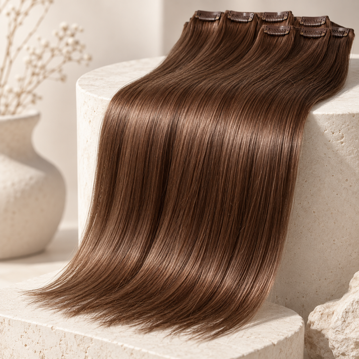 Straight chestnut brown hair extensions draped over ivory pedestal — AI-generated styling illustration