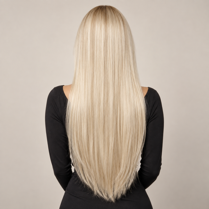 Long straight platinum blonde hairstyle, rear view — AI-generated styling illustration