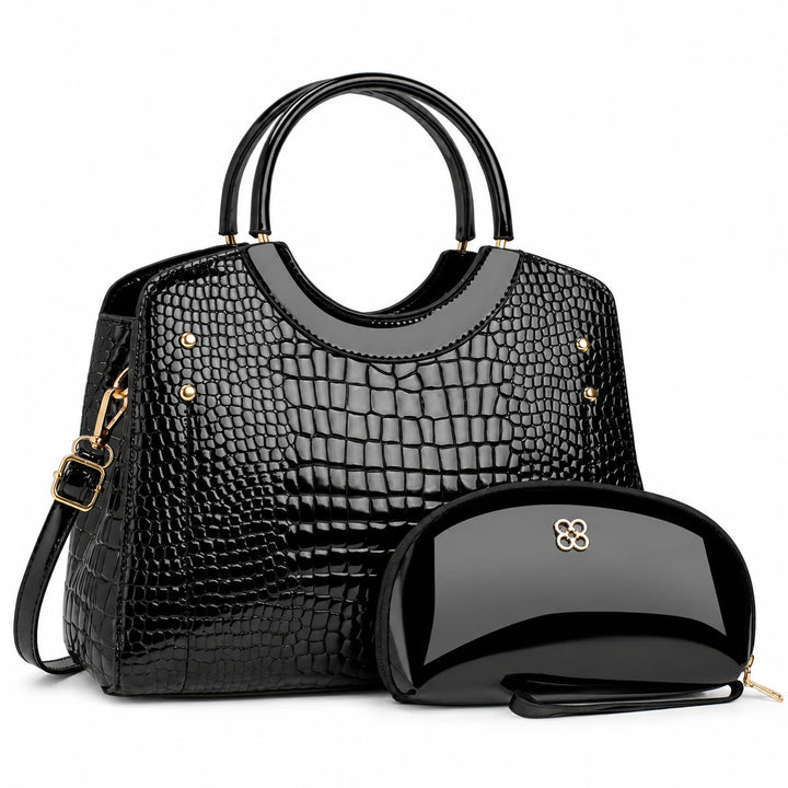 Front of the black textured handbag and matching pouch.