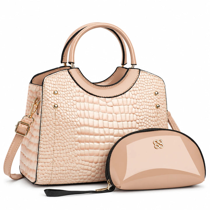 Khaki textured handbag with double handles and matching pouch on a white background.