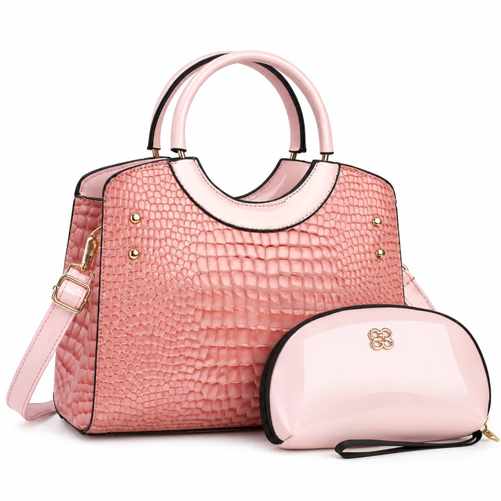 Pink textured handbag with double handles and matching pouch on a white background.