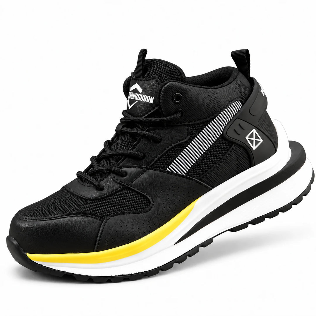 Unisex steel toe shoes in Black on a white backdrop, with the knitted upper, front laces, striped panel and yellow sole trim.