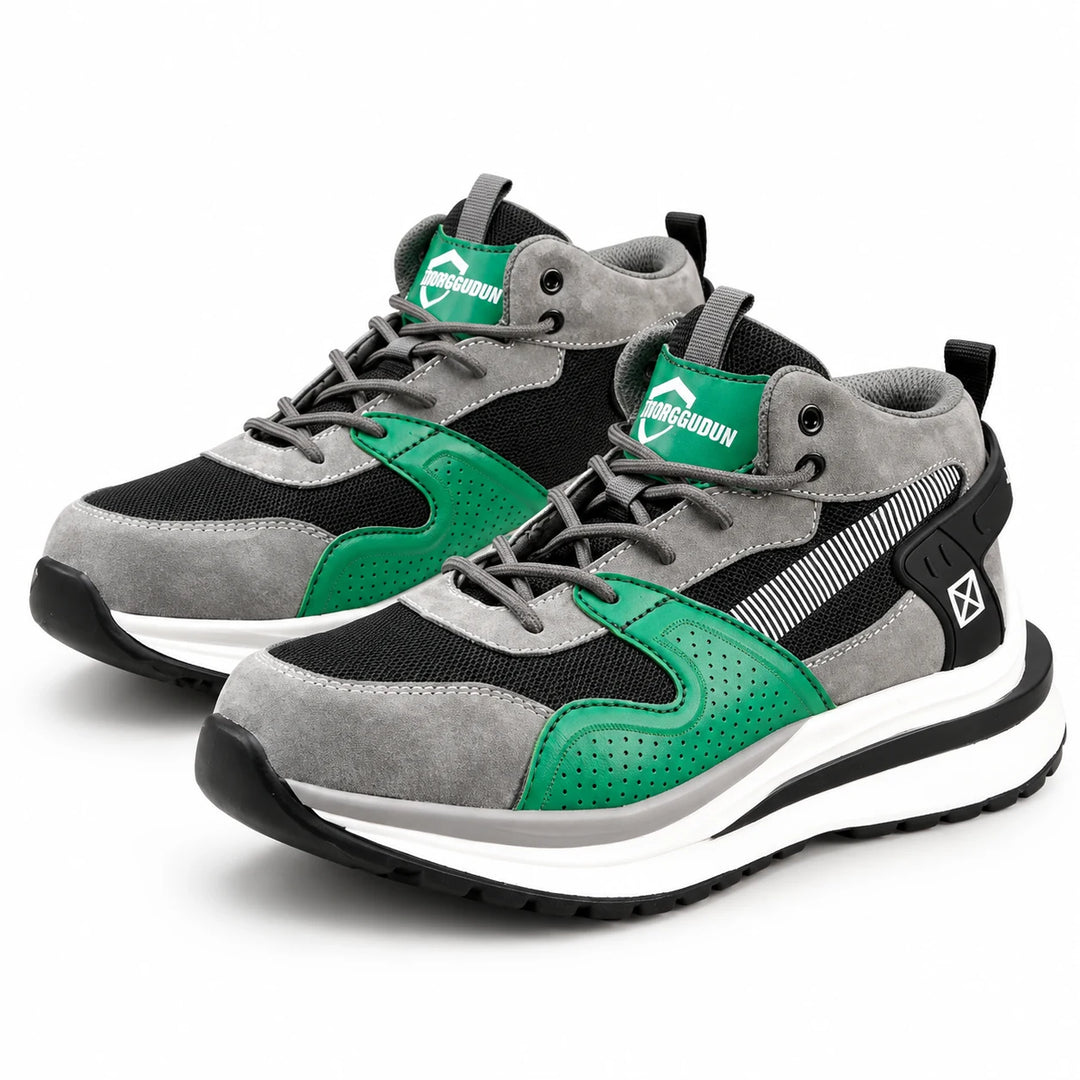 Unisex steel toe shoes in Grey with green panels on a white backdrop, showing the lace-up pair and contrasting layered soles.