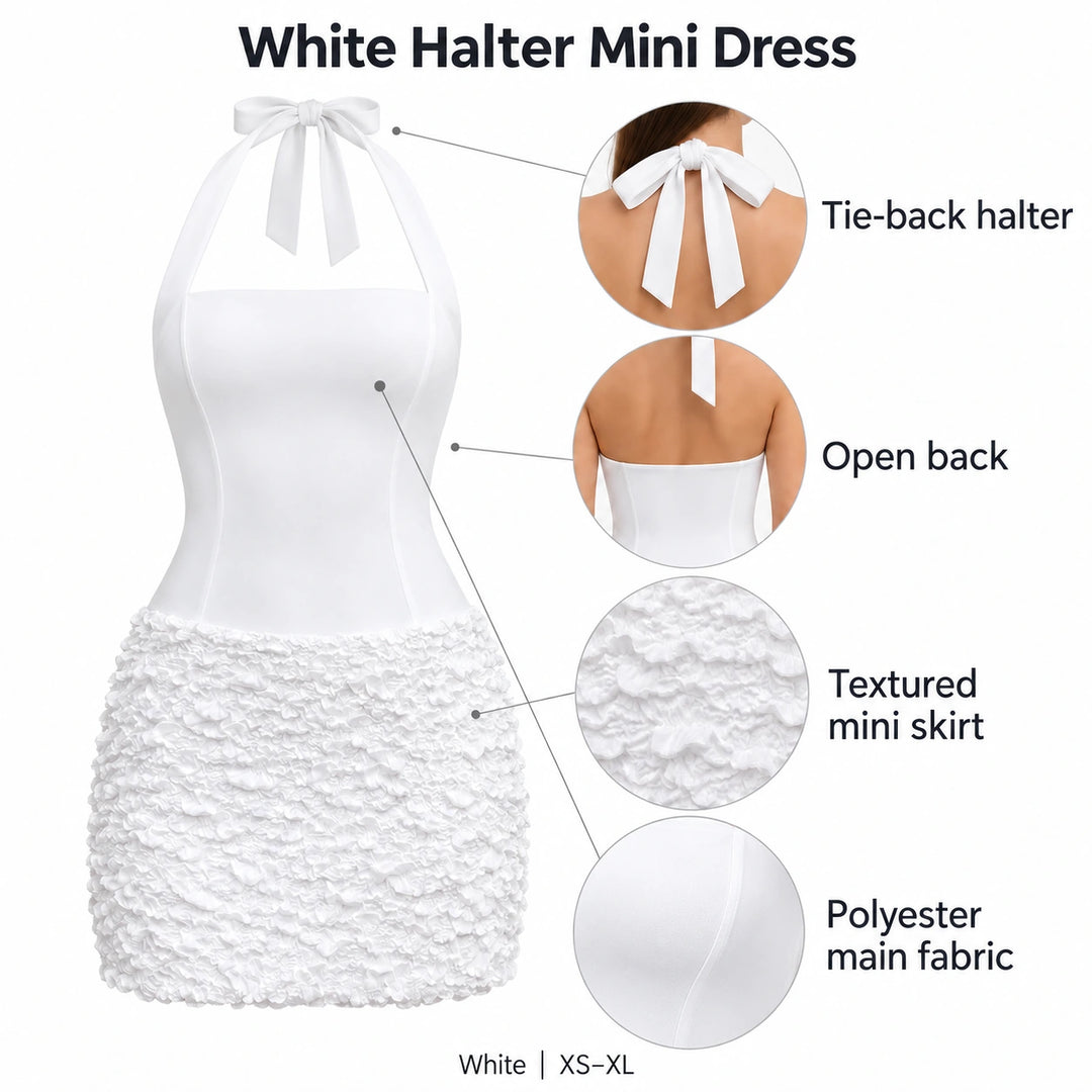 White halter mini dress features: tie-back neck, open back, textured skirt and polyester main fabric.