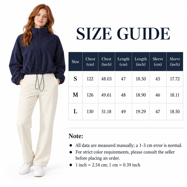 Size chart for S, M and L with chest, length and sleeve measurements in cm and inches beside a model wearing the blue jacket.