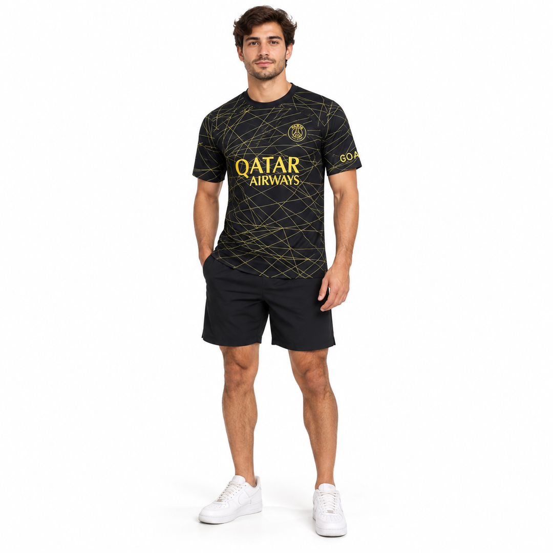 PSG Neymar black gold fan tee shown on male model