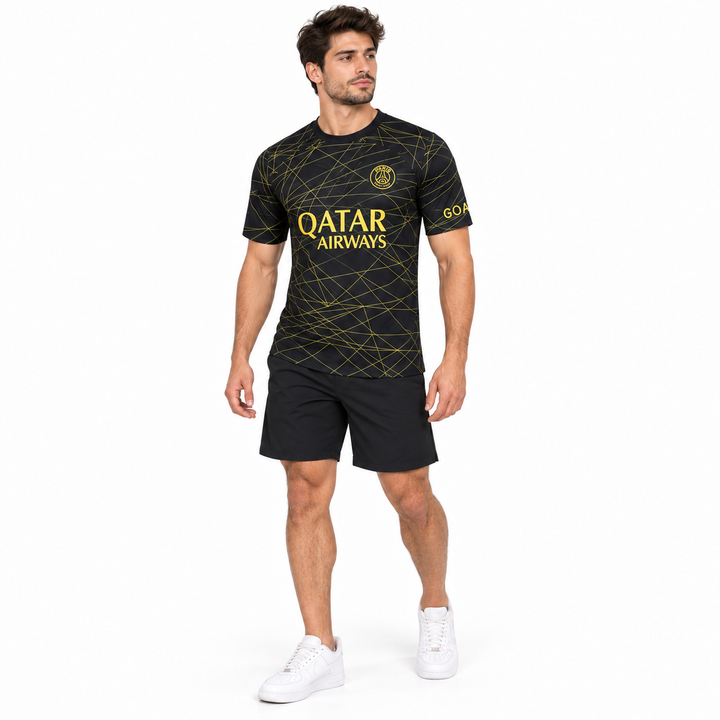 PSG Neymar black gold fan tee shown on second male model