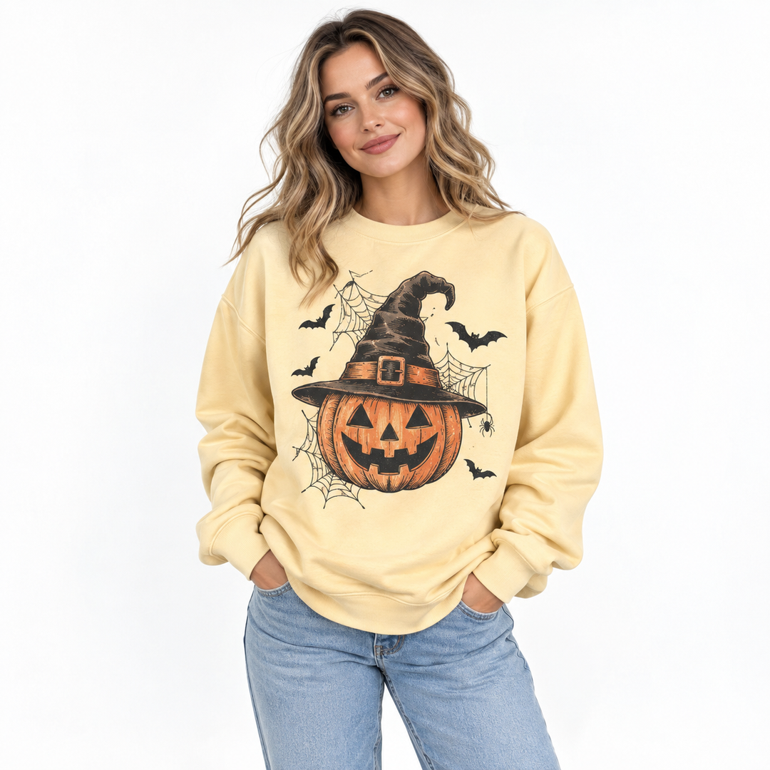 Pumpkin sweatshirt with witch hat, bats and spider web graphic shown on a model for the clean Halloween outfit product image.