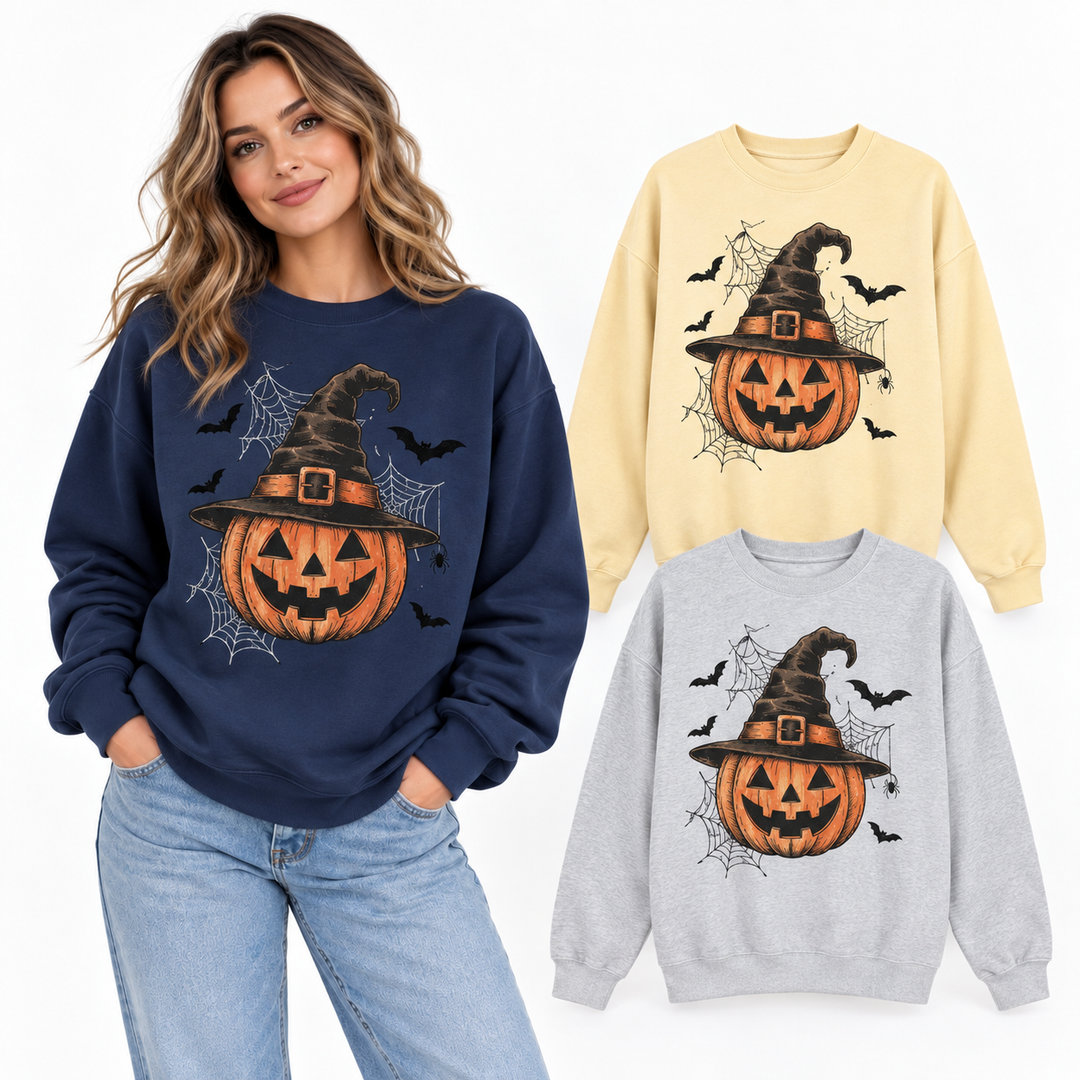 Pumpkin graphic sweatshirt variants shown in verified Butter, Grey and True Navy colors with White listed for size L product.