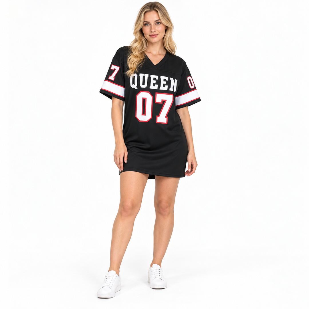 Black graphic t shirt dress with QUEEN 07 front print, V-neck and short sleeves on a white background.