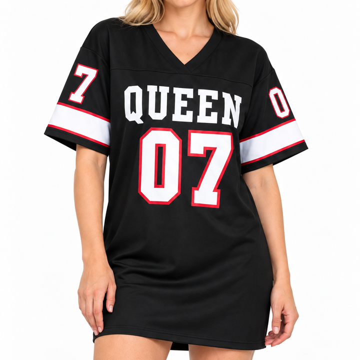 Close-up of the black dress showing V-neck, QUEEN lettering, 07 number and striped sleeve details.