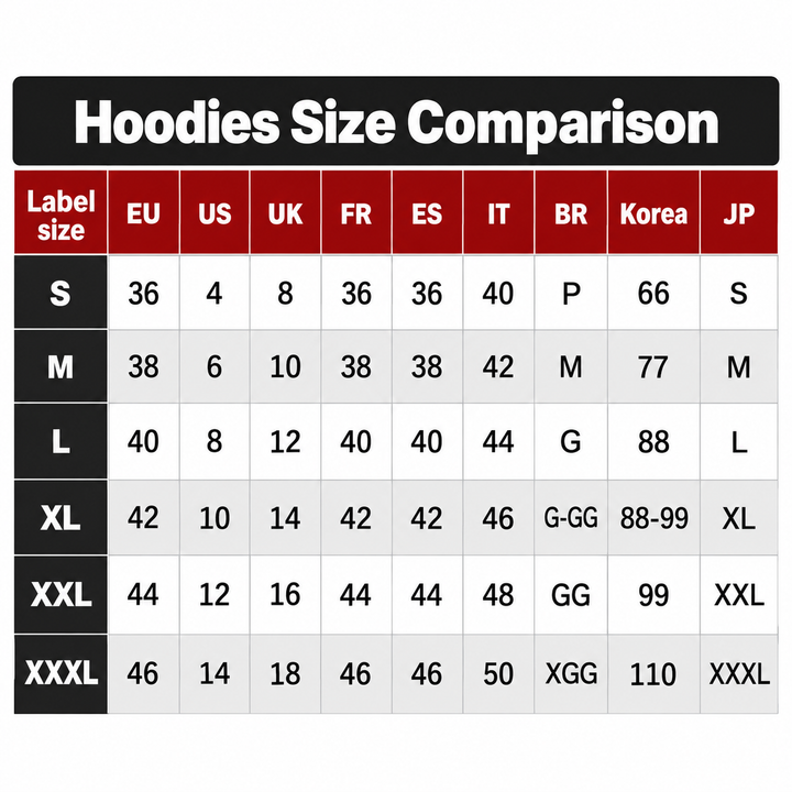 Queen hoodie supplier international size comparison table EU US UK and other countries