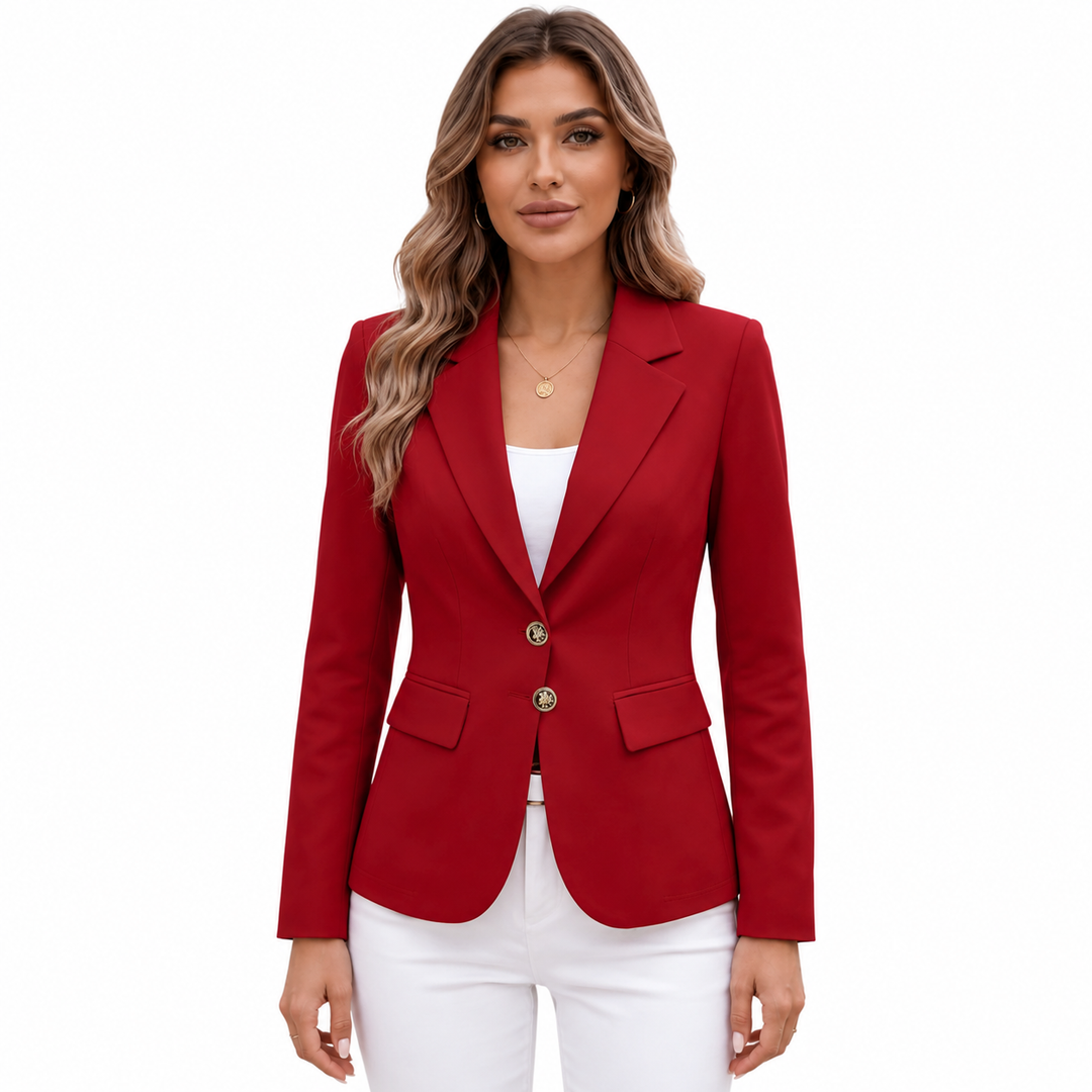 Red blazer front view on female model, with notch lapel, two metallic buttons, flap pockets, long sleeves and tailored shape.