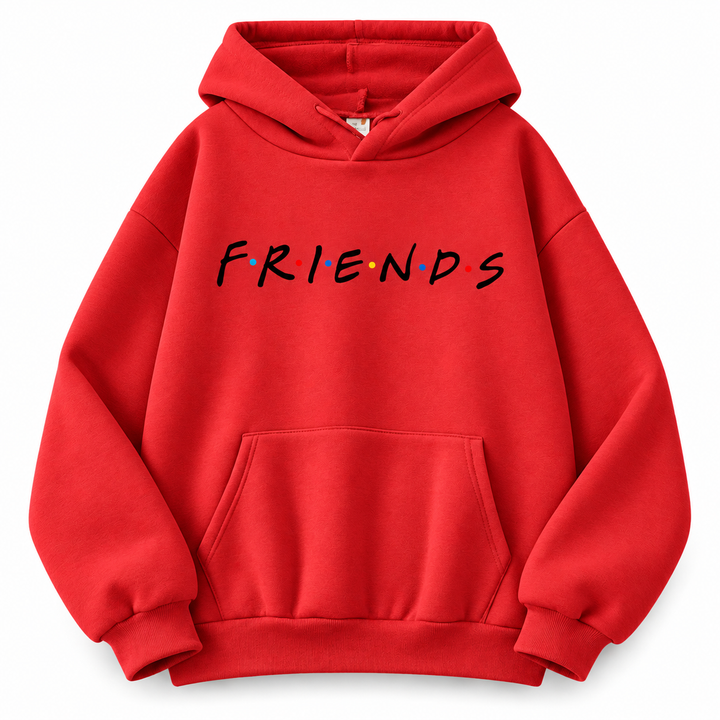 Red hooded pullover with centered letter print, long sleeves and front kangaroo pocket