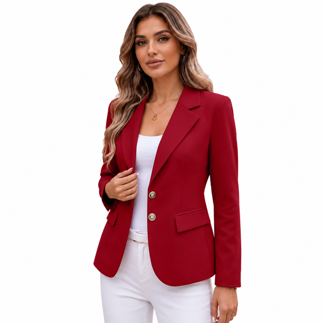 Petite blazer hero image on female model, with red notch lapel, two buttons, flap pockets and tailored long sleeves on white.