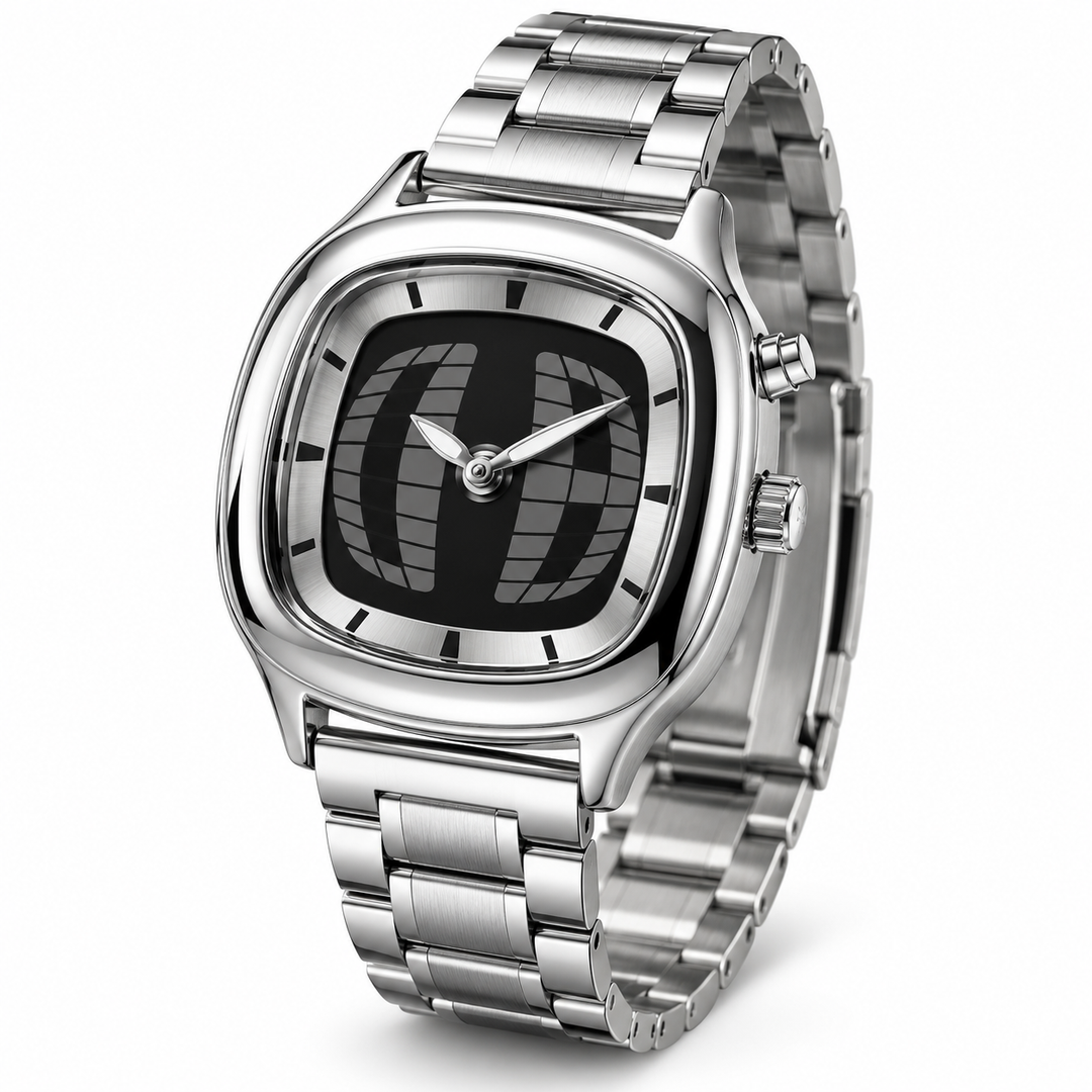Retro quartz watch black dial angled side view