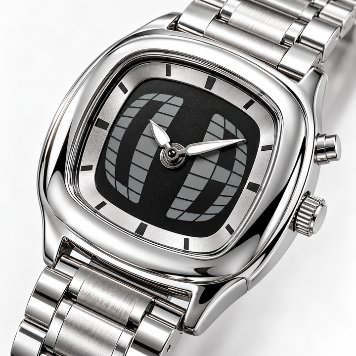 Retro quartz watch black dial case and bracelet detail