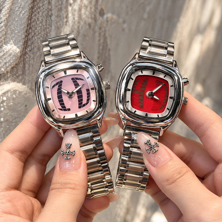 Retro quartz watch pink and red dial variants