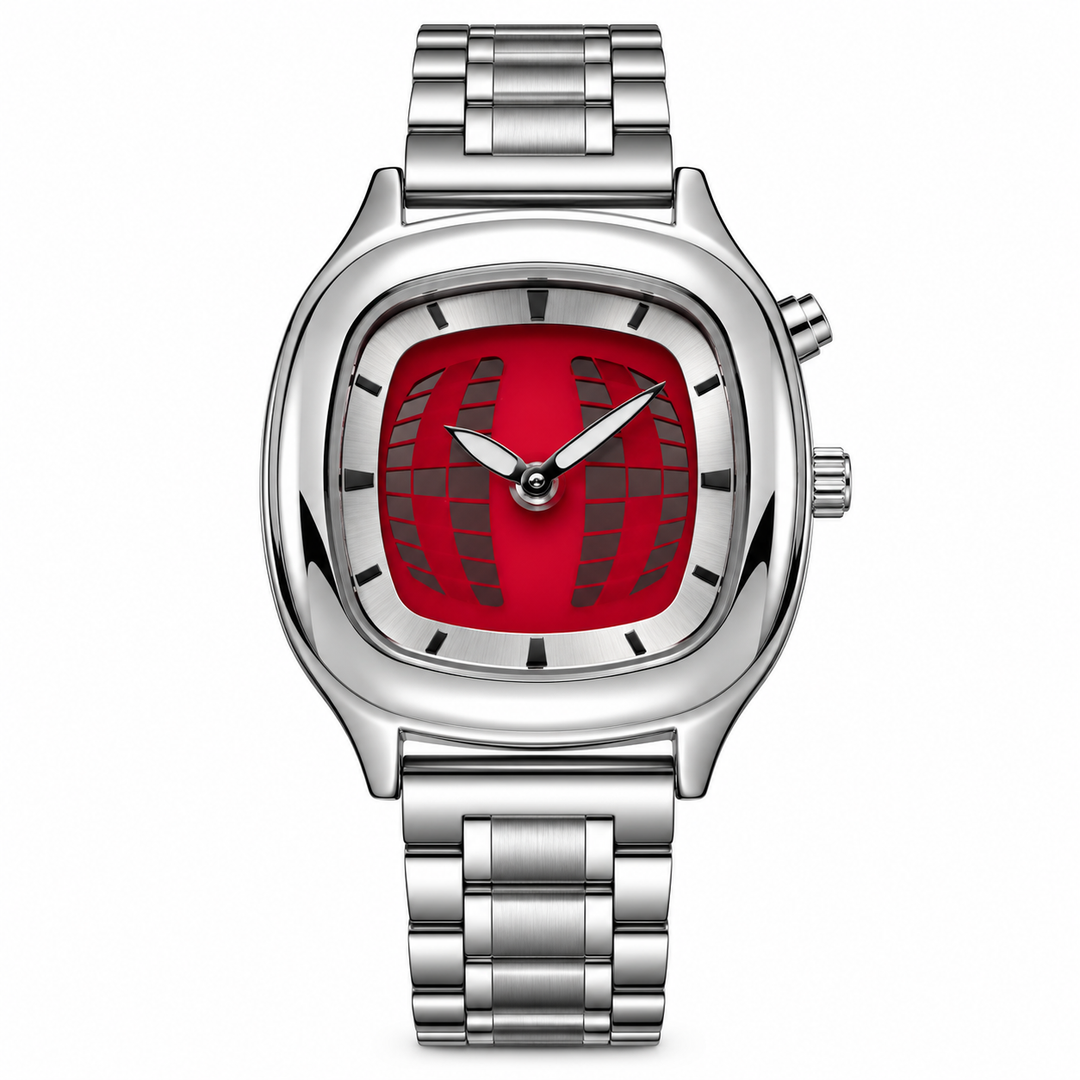 Retro quartz watch red dial front view