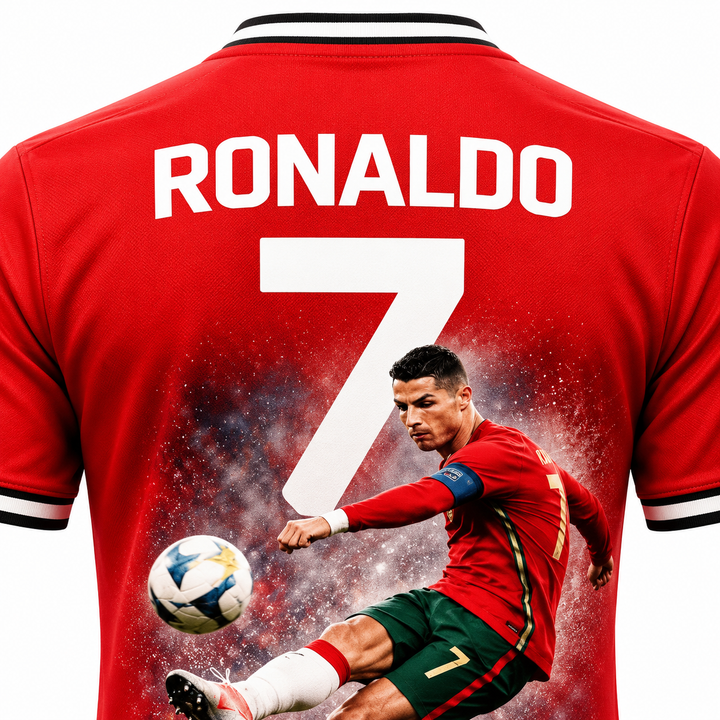 Ronaldo No.7 red action football fan tee upper-back print detail