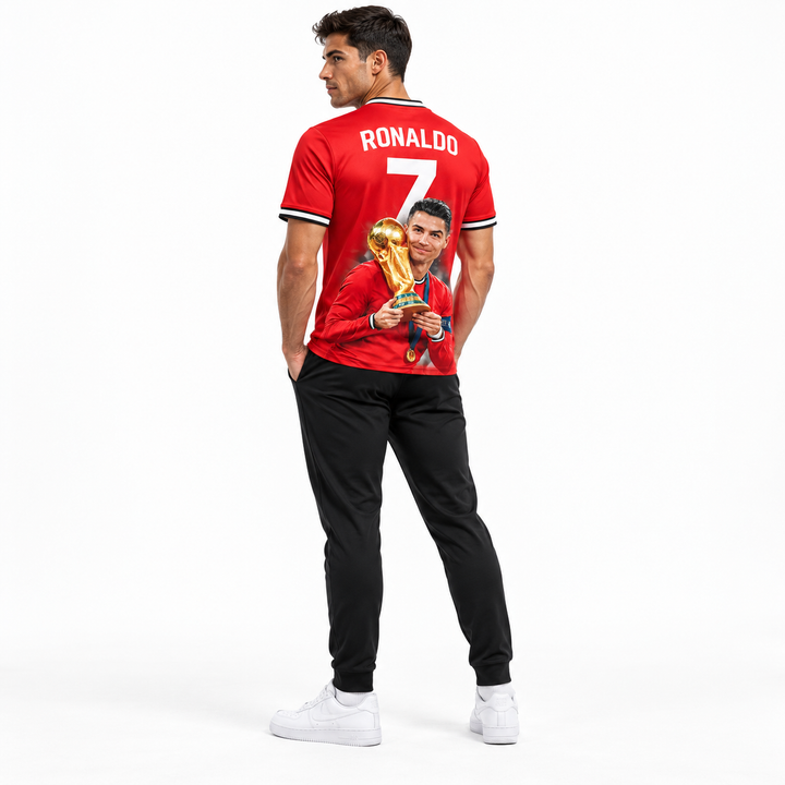 Ronaldo No.7 red trophy football fan tee shown on full-body male model