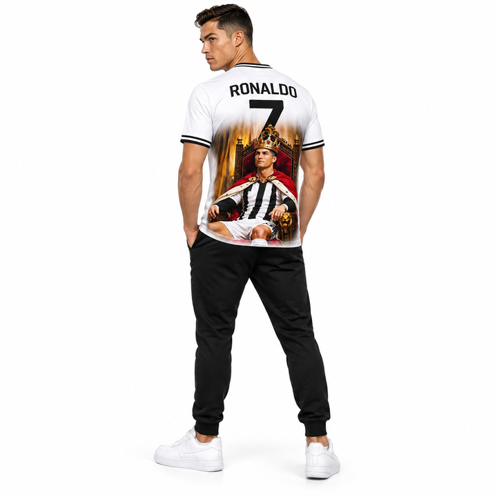Ronaldo No.7 white royal football fan tee shown on full-body male model