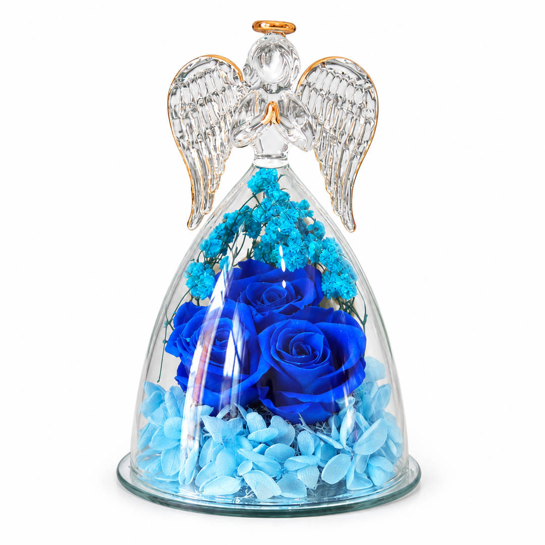 Rose gift box with blue roses, turquoise flowers, glass wings and golden halo, Beauty angel blue on a plain white background.