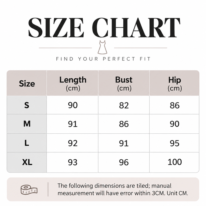 Rose print dress size chart with verified S, M, L and XL length, bust and hip measurements in cm