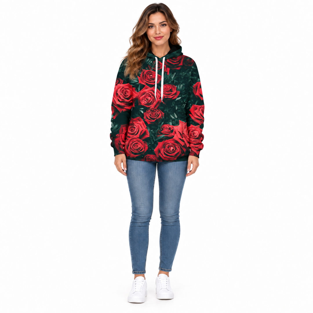 Rose hoodie with floral print shown full front on female model