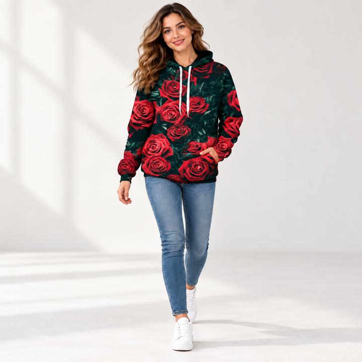 Floral hoodie styled for casual wear on female model
