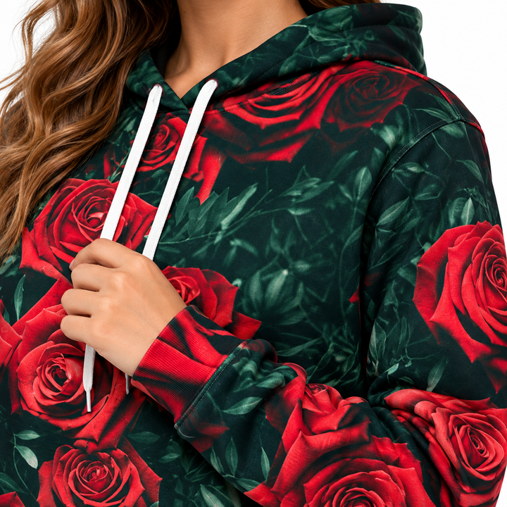 Close-up of floral print and stitching on hoodie