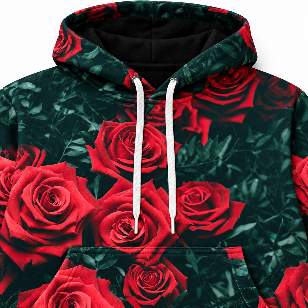 Hood, white drawstrings and front pocket detail