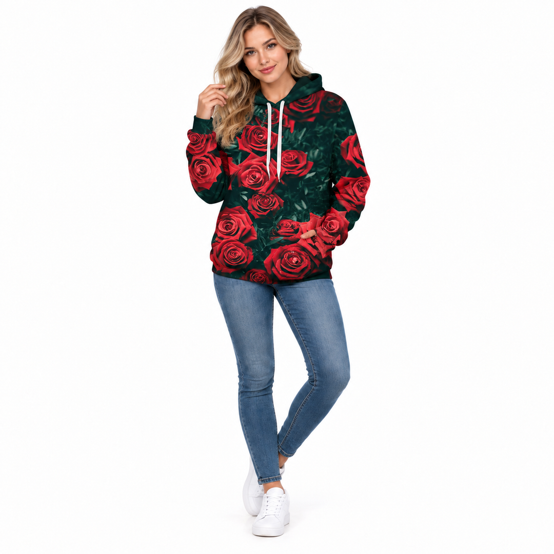Floral hoodie on second female model, full-body view