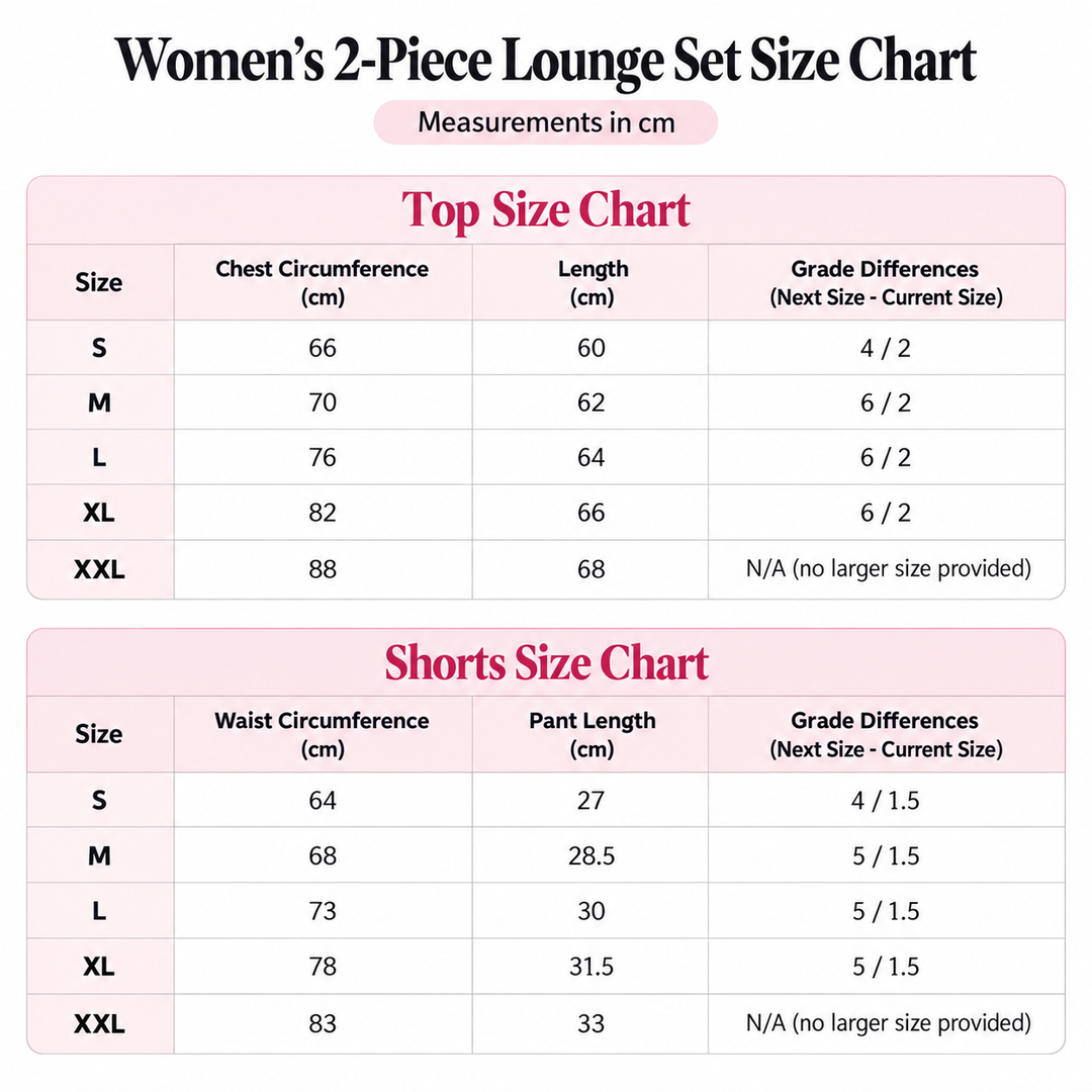 Size chart for the rose red two-piece set with top and shorts measurements in centimeters