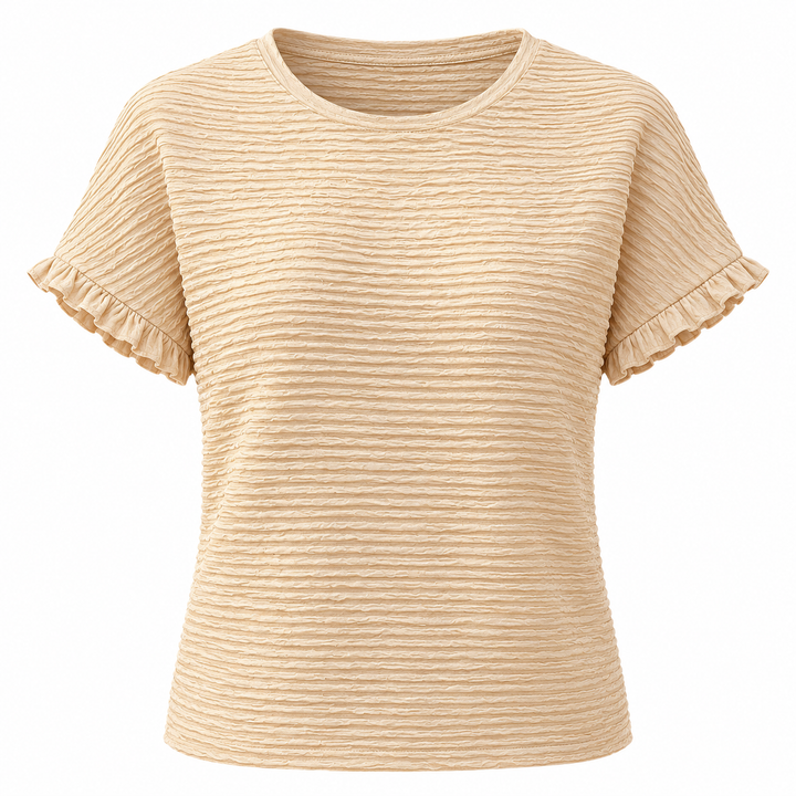 Apricot textured top on a white background, showing horizontal ripples, round neckline, short ruffle sleeves and straight hem