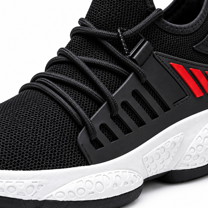 Close-up of black running shoe mesh, laces, side cage and textured white EVA sole showing product construction details.