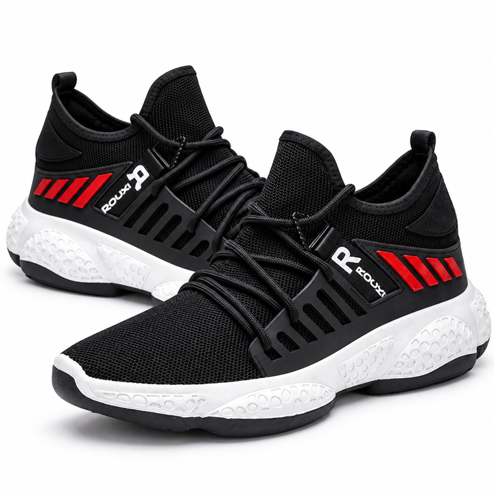 Running shoes black pair with breathable mesh upper, lace-up design and textured white EVA sole on a clean white studio background.