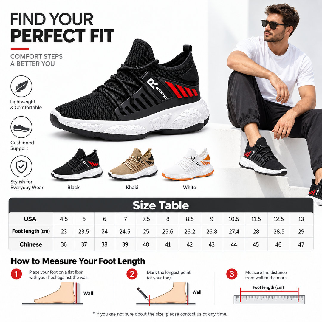 Running shoes size guide with Black, Khaki and White variants, male model and foot length measurements in a clean product layout.