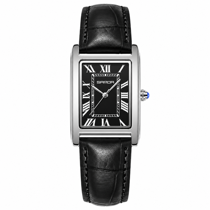 SAMDA rectangular quartz watch black leather strap front view