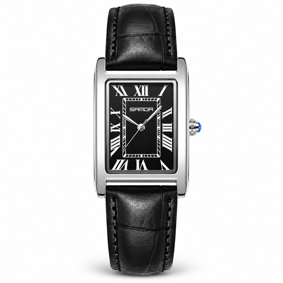 SAMDA rectangular quartz watch silver case black dial black leather strap