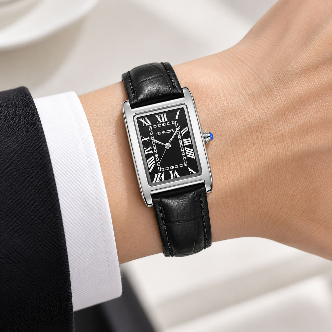 SAMDA rectangular quartz watch black leather strap worn on wrist