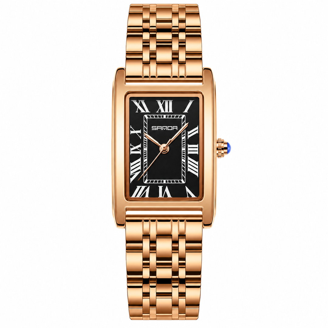 SAMDA rectangular quartz watch rose gold steel bracelet black dial