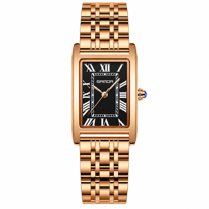SAMDA rectangular quartz watch rose gold steel bracelet black dial