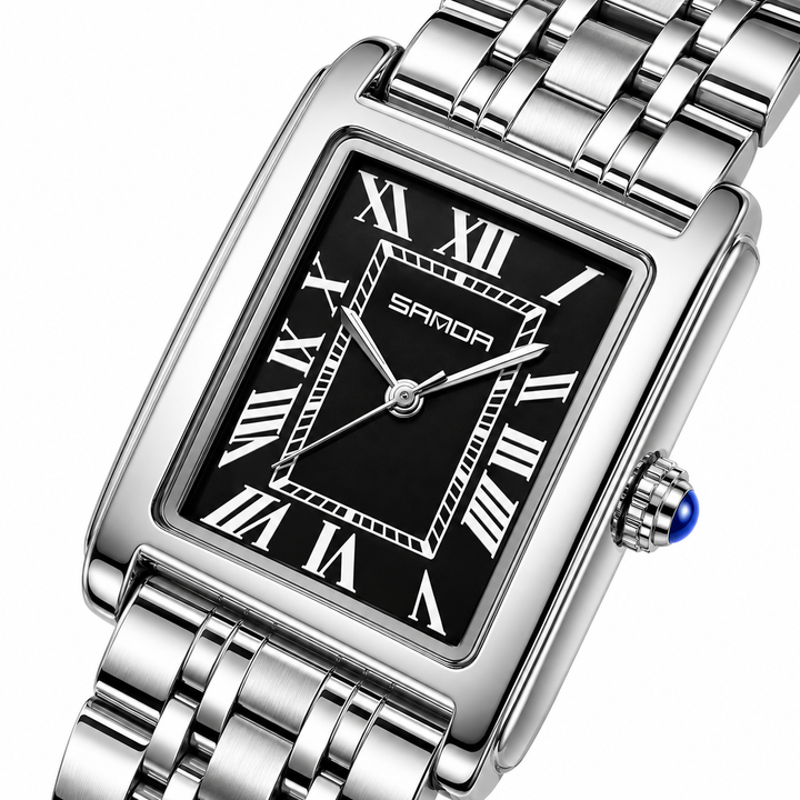 SAMDA rectangular quartz watch silver steel bracelet dial detail