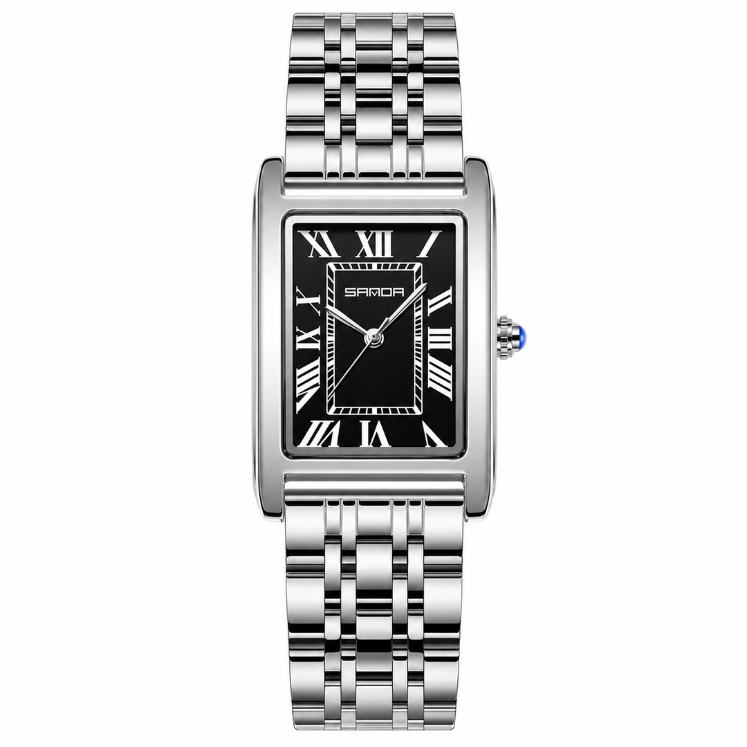 SAMDA rectangular quartz watch silver steel bracelet black dial