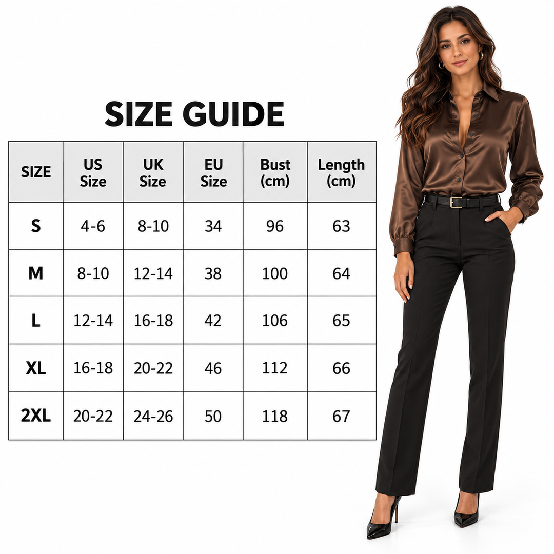 Size chart for sizes S to 2XL with US, UK, and EU labels, bust and length in centimeters, near a model wearing a brown shirt.