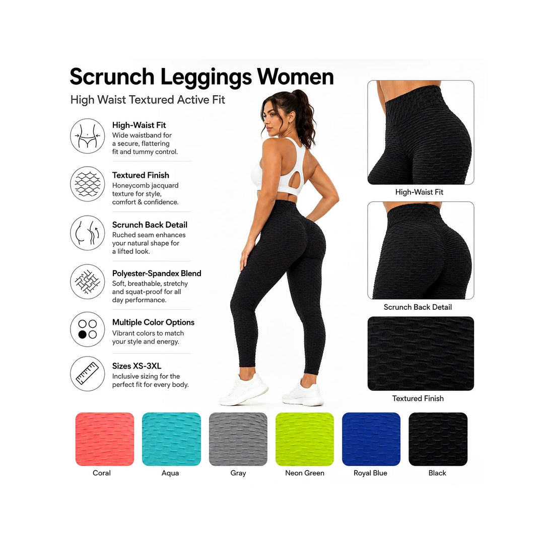 Scrunch leggings women benefits collage showing the high waist, textured finish, scrunch back detail and activewear styling.